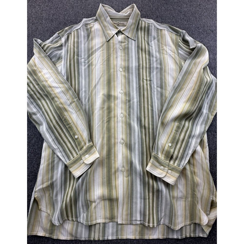 Tommy Bahama Shirt Men's Large Beige Green Striped Button Up Tencel‎ Long Sleeve